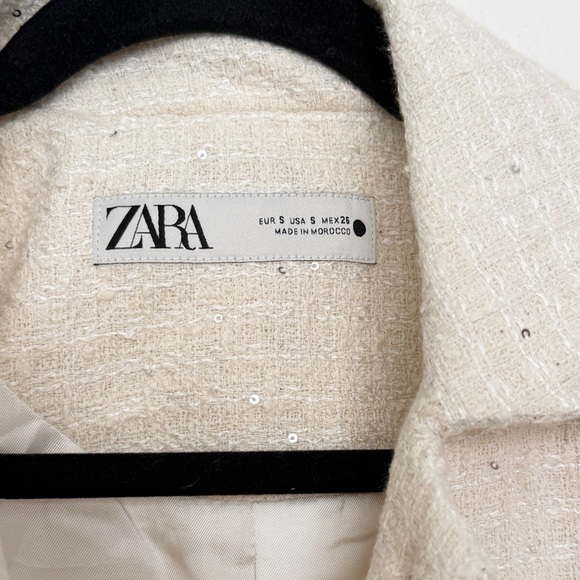 Zara NWOT Cream Textured Cotton Fitted Jacket Silver Sequin Appliqués - Picture 10 of 12